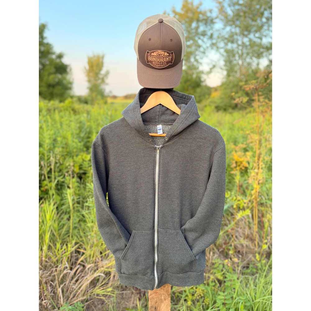 American Apparel F497 Zip Up Hoodie Mens Large Charcoal Grey Horton Graphic USA